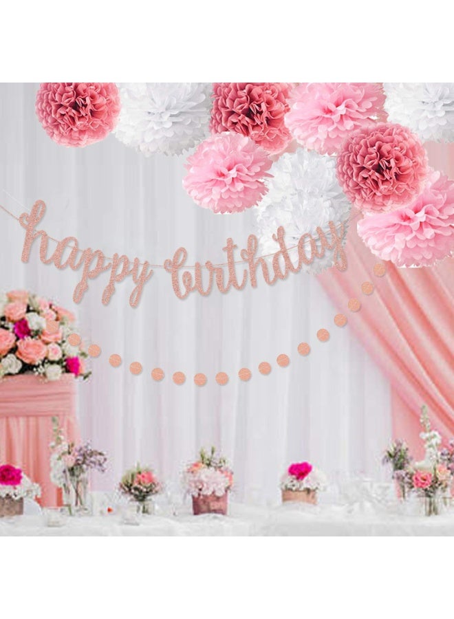 Mordely Pink Rose Gold Birthday Party Decorations Set, Rose Gold Glittery Happy Birthday banner, Tissue Paper Pom, Circle Dots Garland, and Tassel Garland for Birthday Party Decorations - Image 2